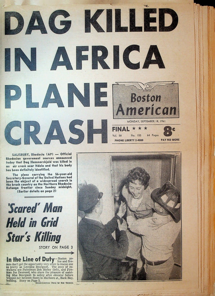 Boston American September 18 1961 Roger Maris Dag Hammarskjold