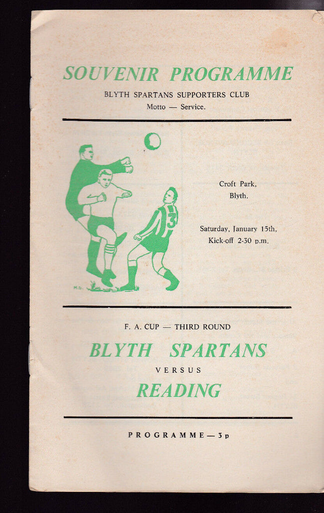 Blyth Spartans v Reading FA Cup 3rd Round Programme January 15 1972 Soccer