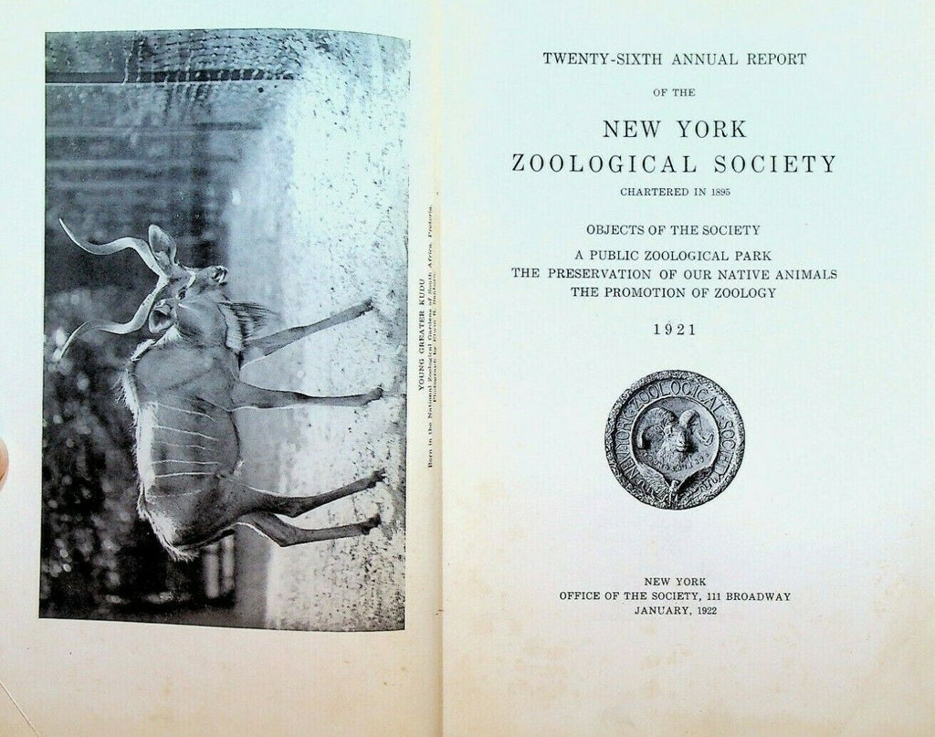 New York Zoological Society 26th Annual Report 1921 HC Book Animals