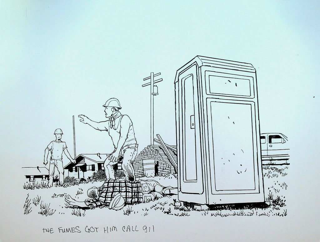 Don Lomax Original Art Gag Man Outhouse Fumes Call 911