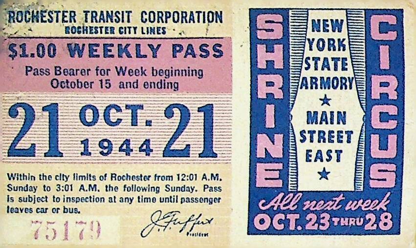 Rochester City Trolley & Bus Lines Pass October 21 1944 Shrine Circus
