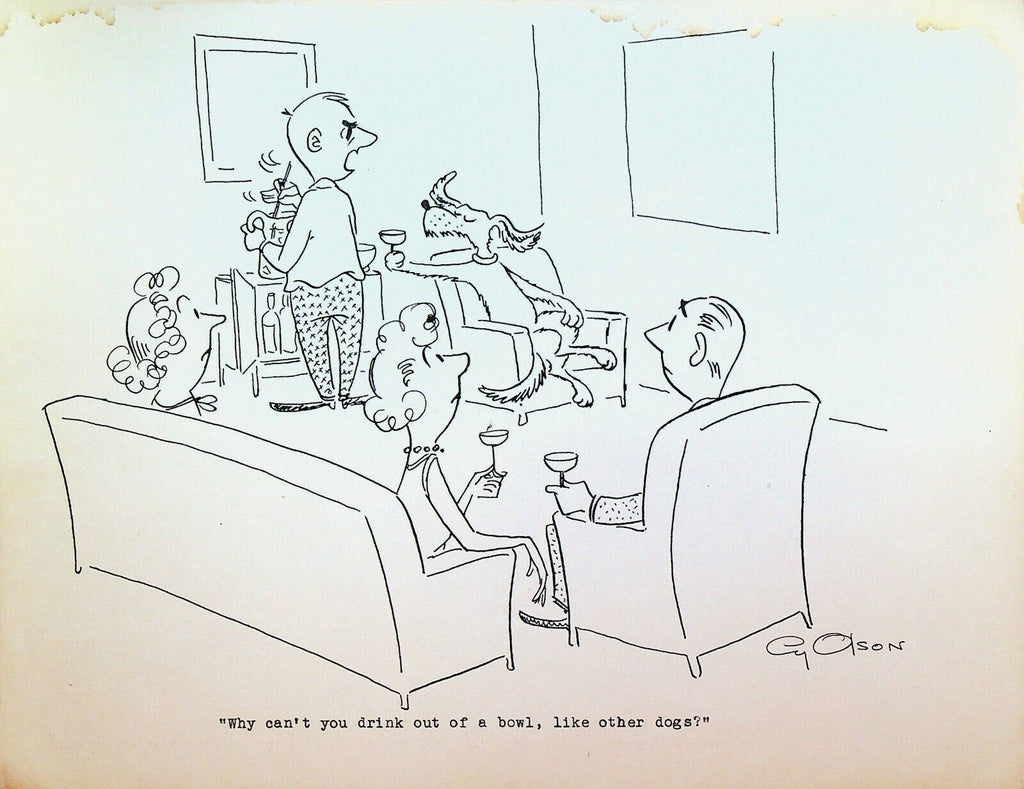 Dog at Cocktail Party Mixed Drinks 1960s Cy Olson Original Art