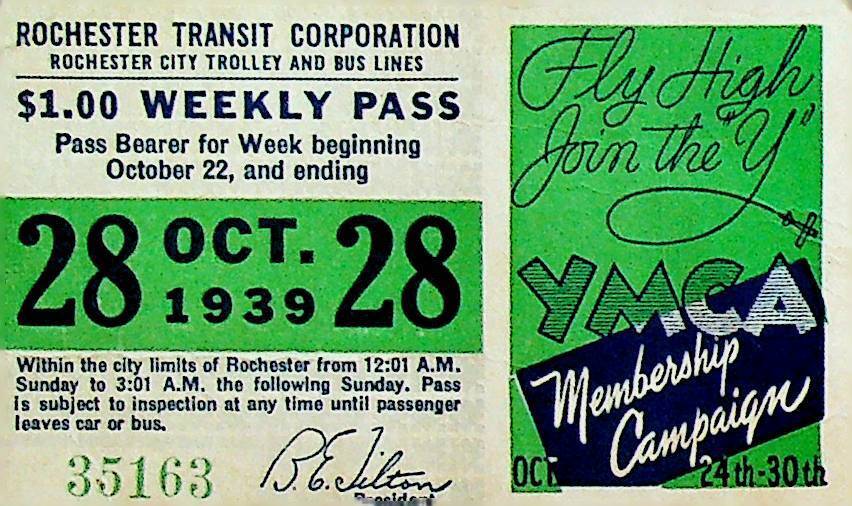 Rochester City Trolley & Bus Lines Pass October 28 1939 YMCA Membership Campaign