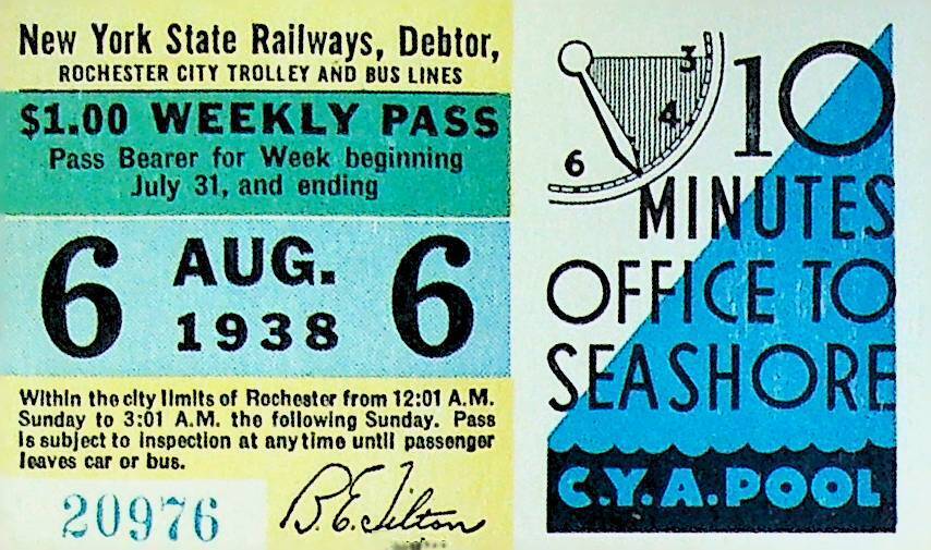Rochester City Trolley & Bus Lines Pass August 6 1938 CYA Pool