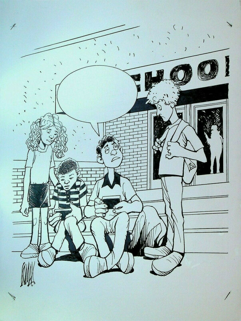 Don Lomax Original Art Gag Students Outside Sunny Day Playing Soccer Video Games