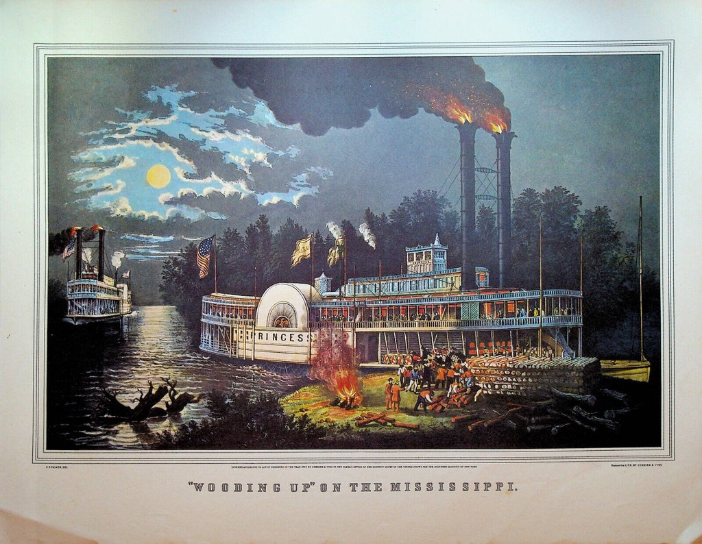 Currier & Ives Print Wooding Up on the Mississippi