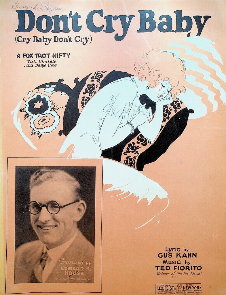 Don't Cry Baby Sheet Music Edward K House 1928