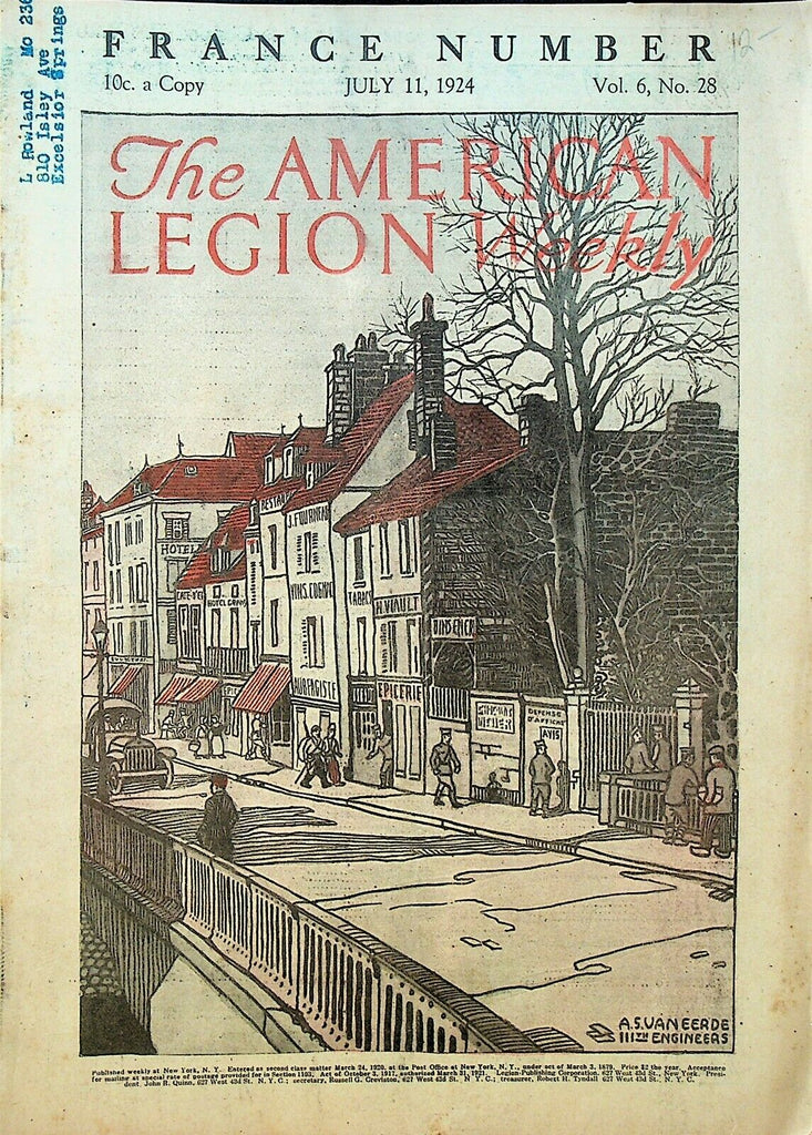 American Legion Weekly July 11 1924 Arc de Triomphe France AS Van Eerde