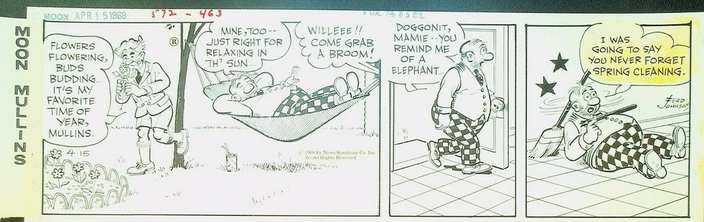 Moon Mullins Ferd Johnson Original Comic Strip Art April 15 1968 Spring Cleaning