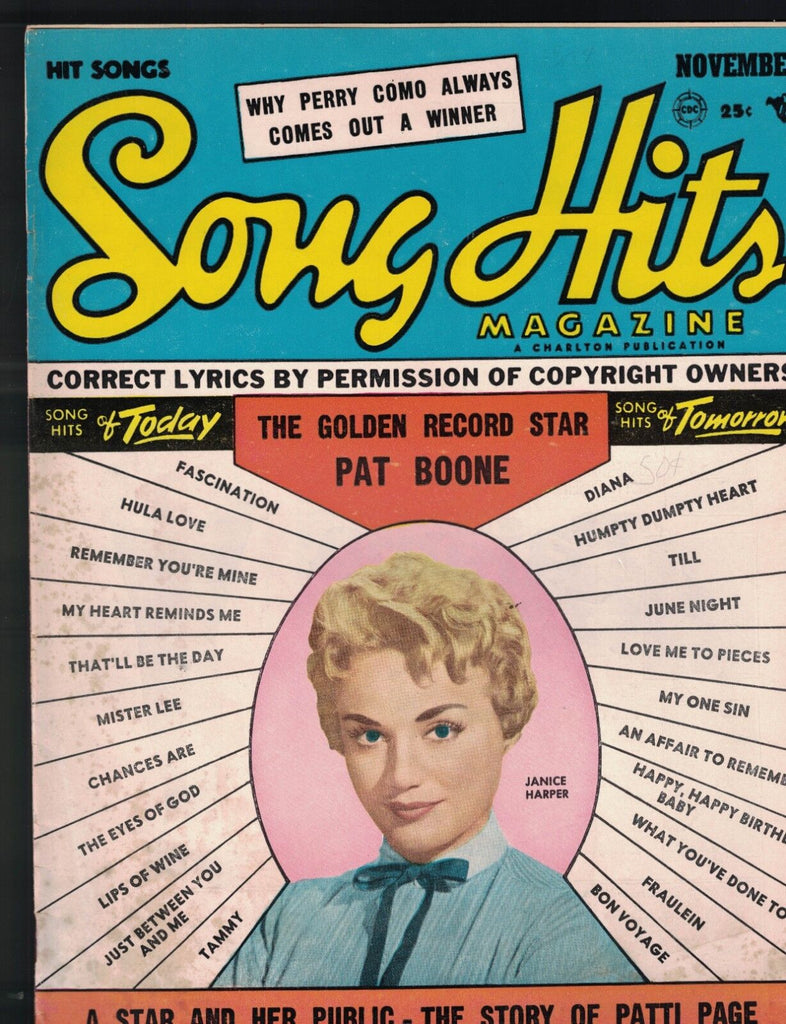 Song Hits Magazine November 1957 Janice Harper Tony Bennett Pat Boone Doris Day