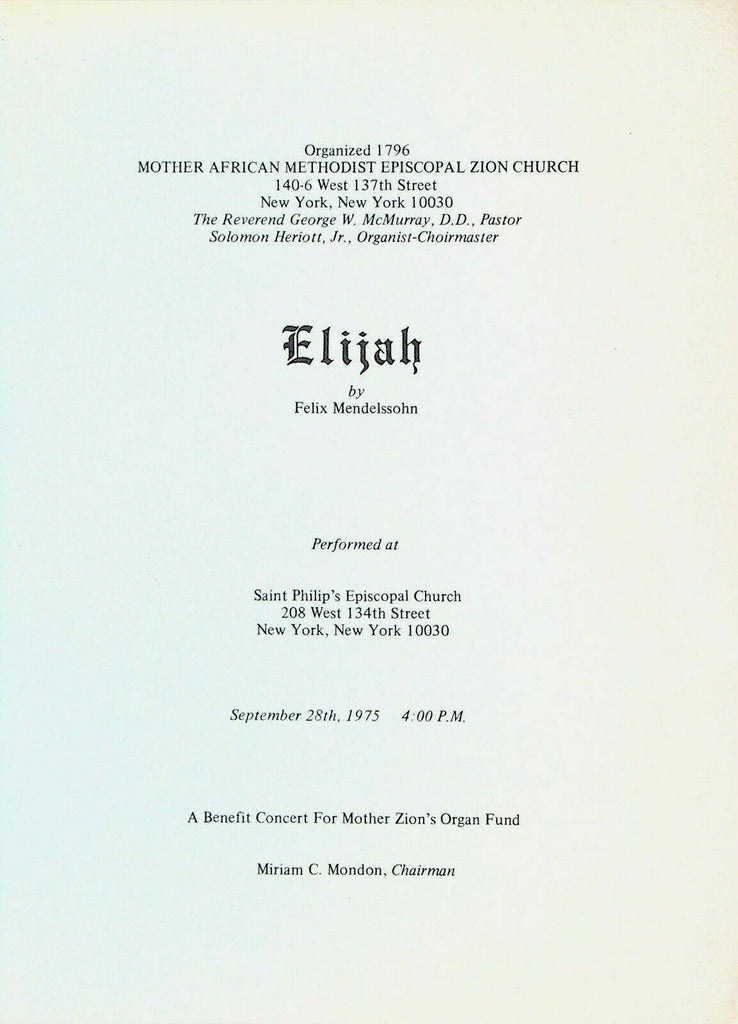 Mother Zion AME Benefit Concert Program Elijah Felix Mendelssohn September 1975