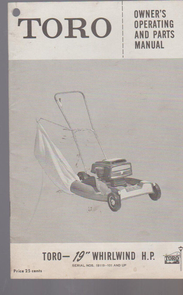Toro Owner's Operating & Parts Manual 19" Whirlwind HP 1960s