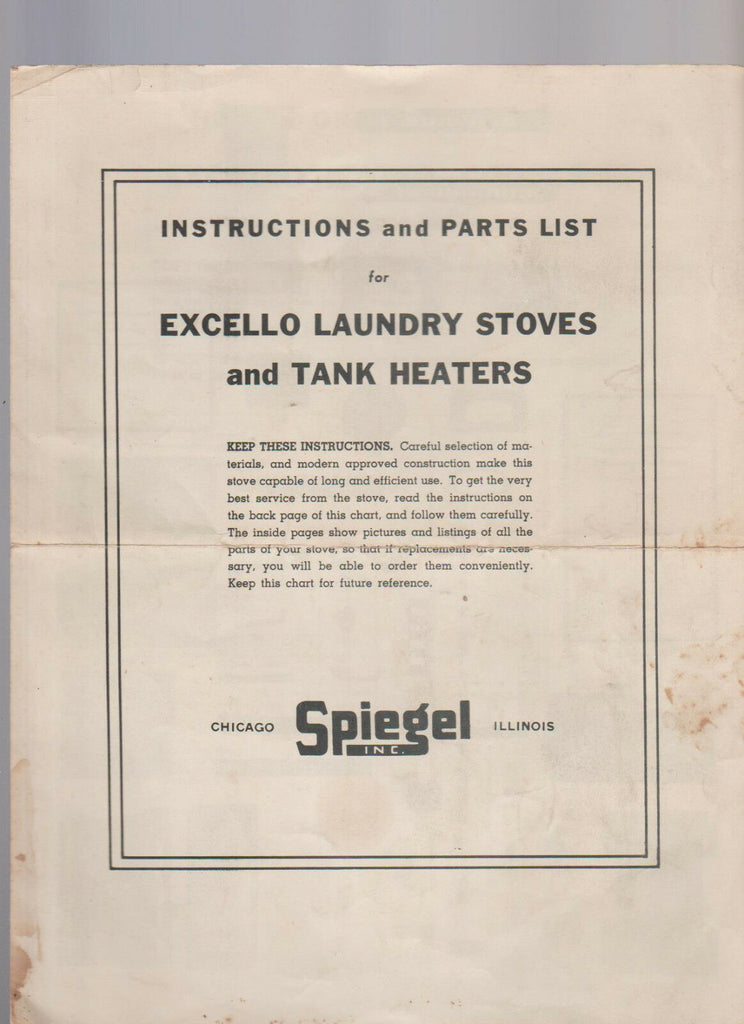 Excello Laundry Stoves & Tank Heaters Instructions & Parts List Spiegel 1940s