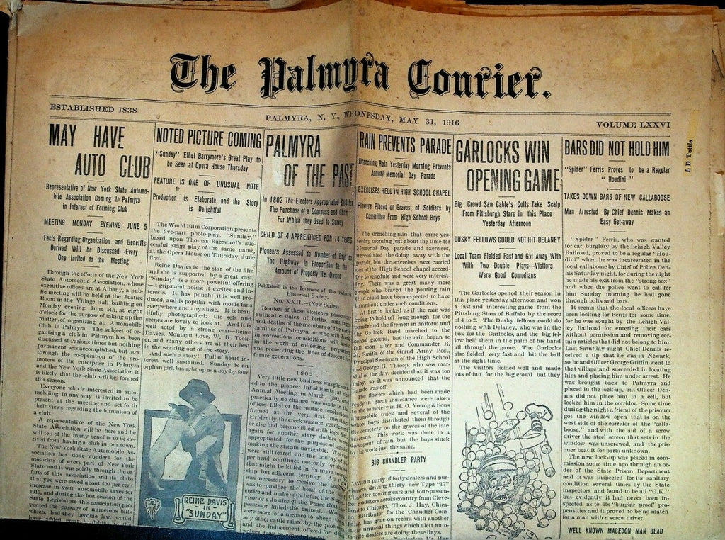 Palmyra Courier May 31 1916 Garlocks Semi-Pro Baseball Reine Davies FR Paul