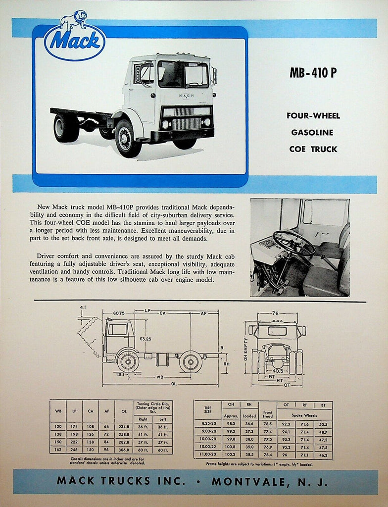 Mack Truck MB-410P Brochure Four Wheel Coe Truck Gasoline 1963 Plainfield NJ
