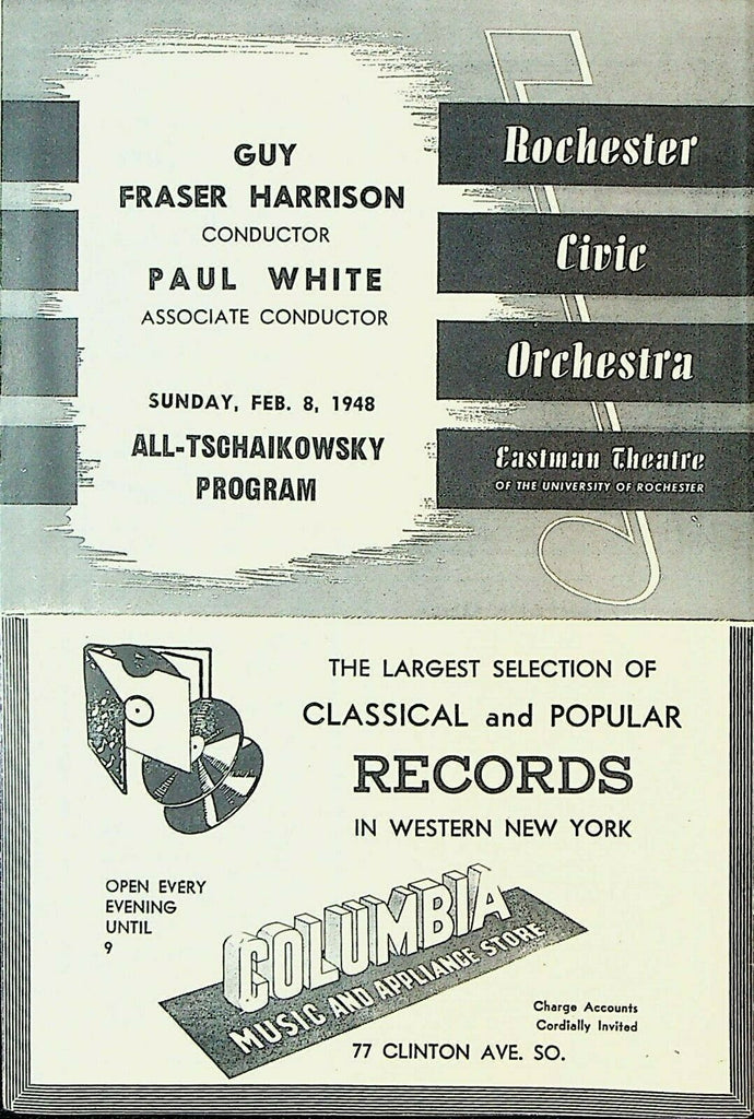 Rochester Civic Orchestra Program February 8 1948 All Tschaikowsky Program