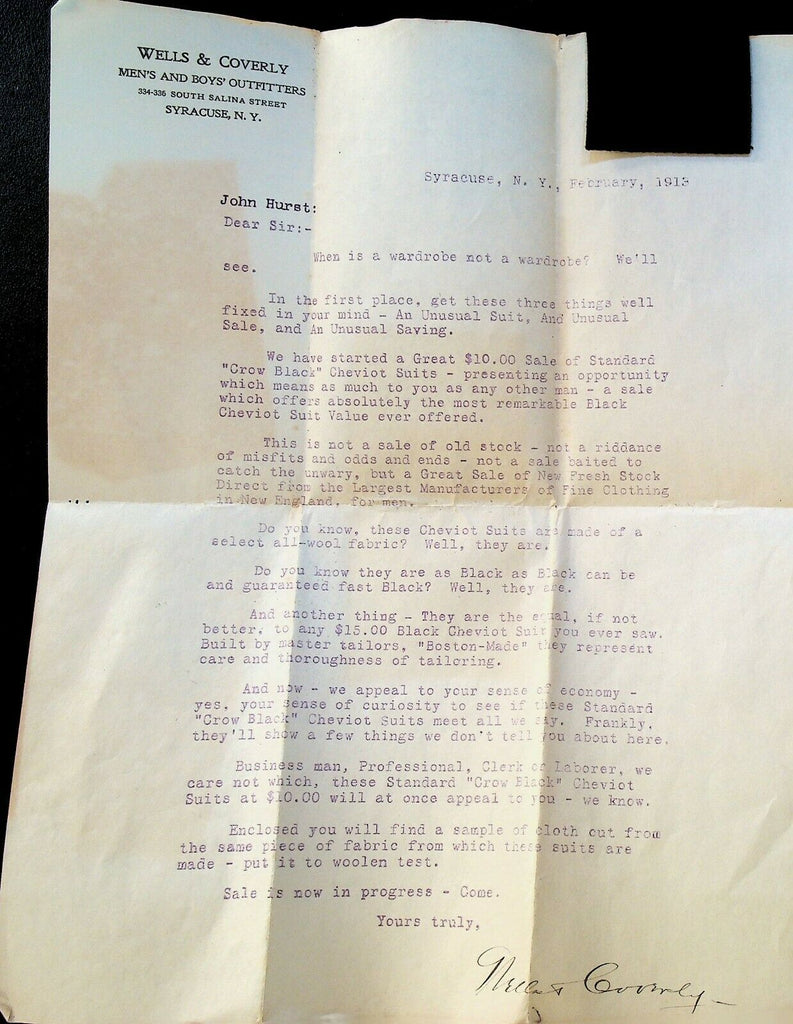 Wells & Coverly Syracuse NY 1913 Ad Letter Fabric Swatch Menswear