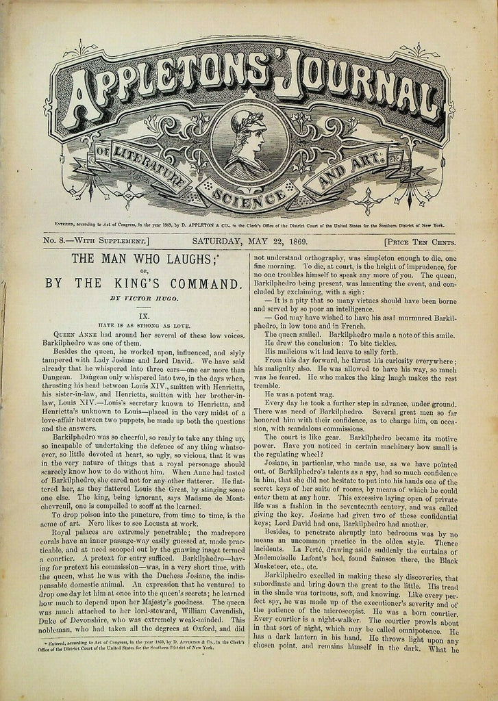 Appletons' Digest May 22 1869 Victor Hugo The Man Who Laughs Boston