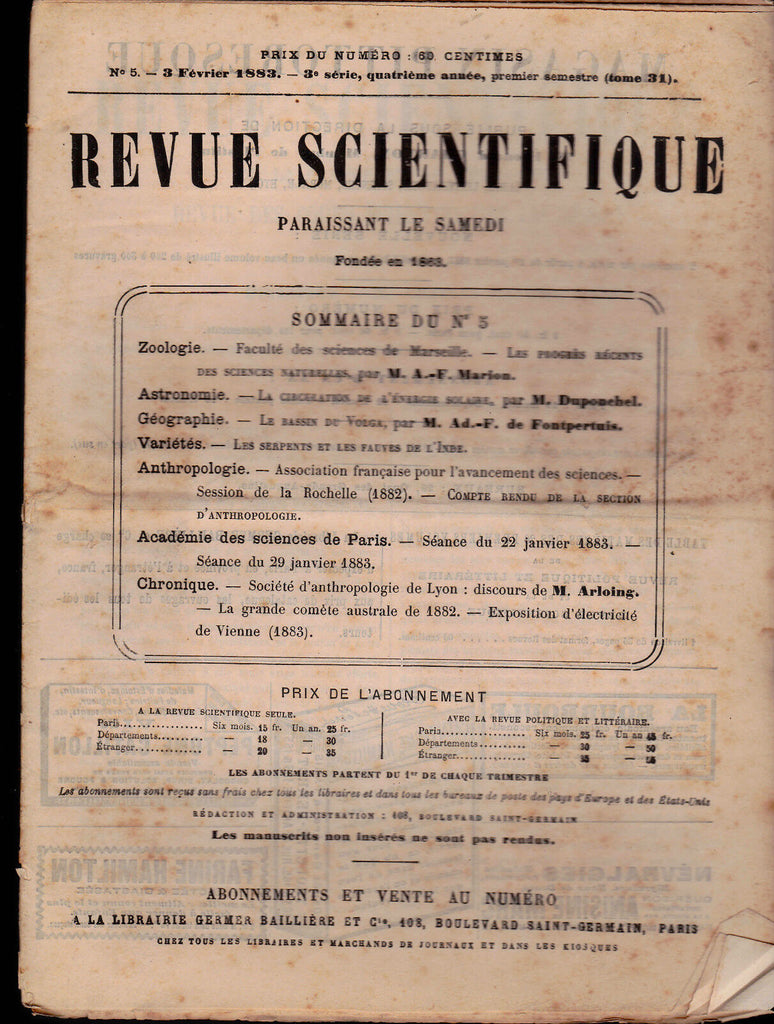 Revue Scientifique 1883 Lot of 5 Physics Zoology Sciences