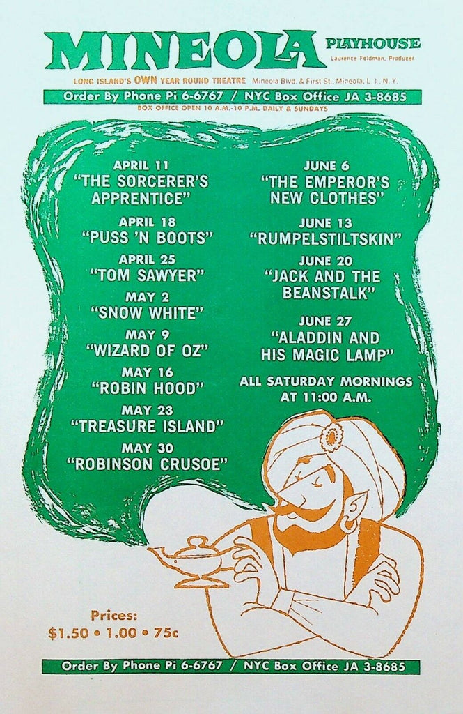 Mineola Playhouse Ad Flyer Aladdin & His Magic Lamp Wizard of Oz Snow White