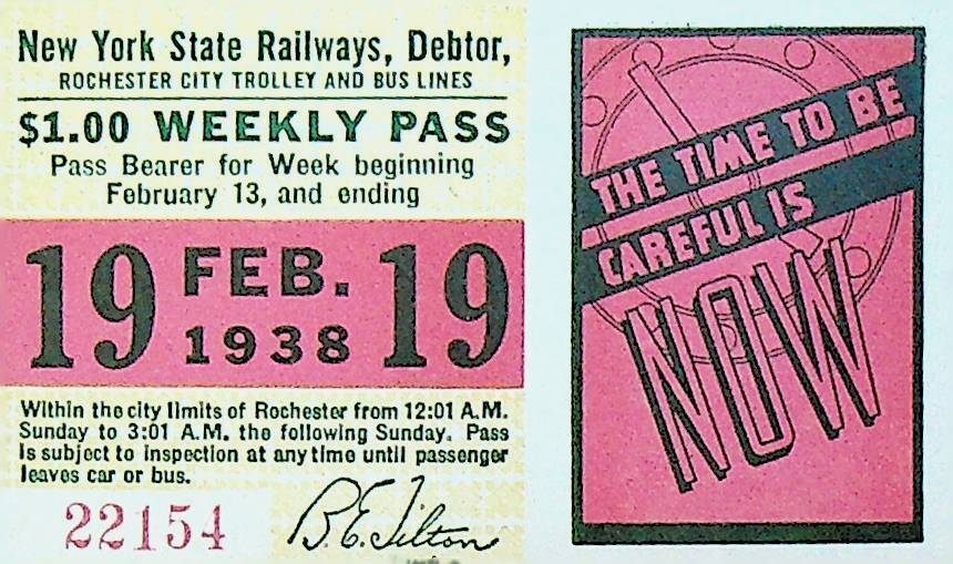 Rochester City Trolley & Bus Lines Pass February 19 1938 Be Careful
