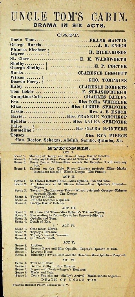 Uncle Tom's Cabin Play Sheet 1900s Actors Actresses Frank Martin H Richardson