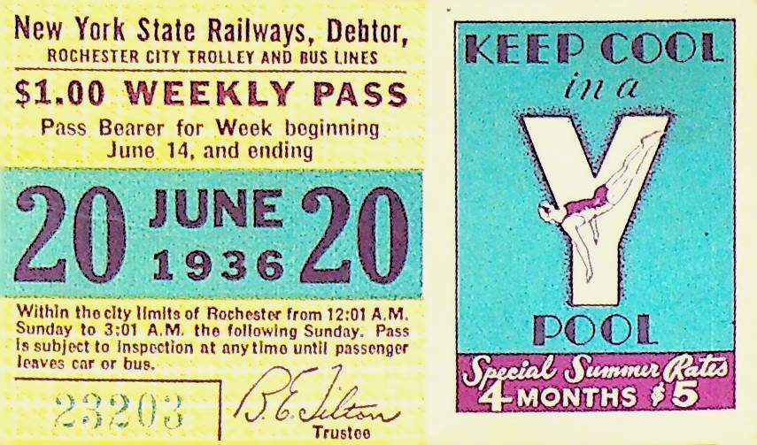 Rochester City Trolley & Bus Lines Pass June 20 1936 YMCA Pool