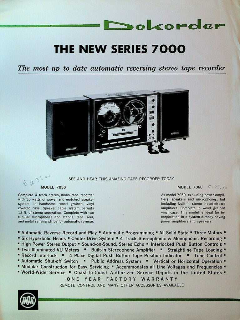 Dokorder Series 7000 Stereo Tape Recorder Ad Sheet 1970s