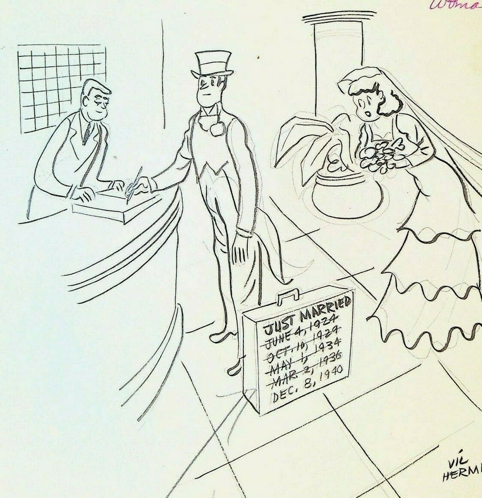 Vic Herman Original Art 1940s Bride Groom Marriage Just Married Suitcase