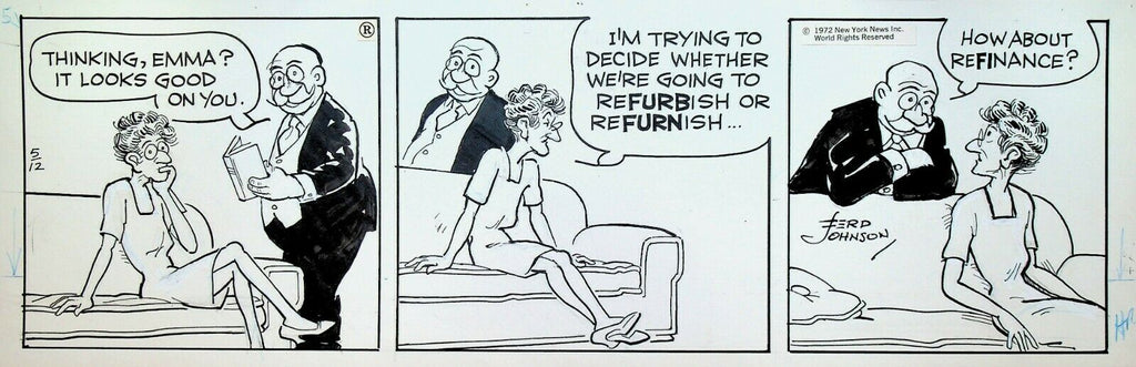 Moon Mullins Original Comic Strip Art Ferd Johnson May 12 1972 Couch