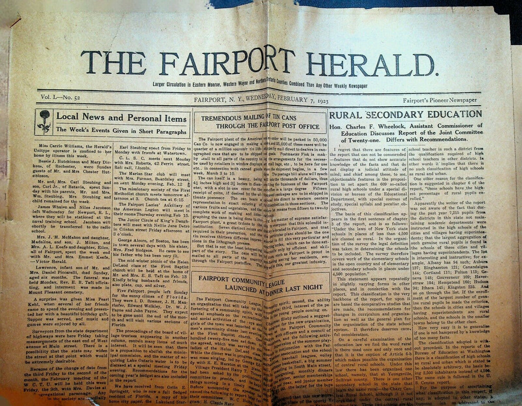 Fairport NY Herald Newspaper February 7 1923 Local Ads & News King Tut