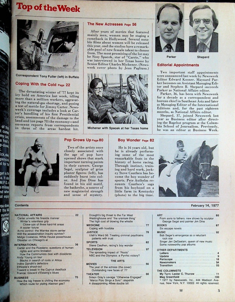Newsweek Magazine February 14 1977 Sissy Spacek Steve Cauthen Jessica Lange