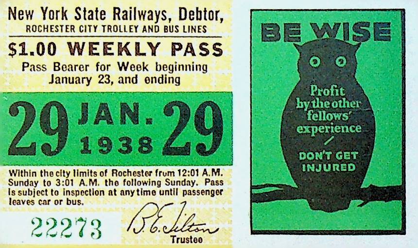 Rochester City Trolley & Bus Lines Pass January 29 1938 Owl Be Wise