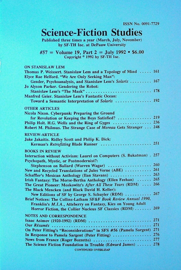 Science Fiction Studies 57 July 1992 Stanislaw Lem HG Wells Dr Moreau