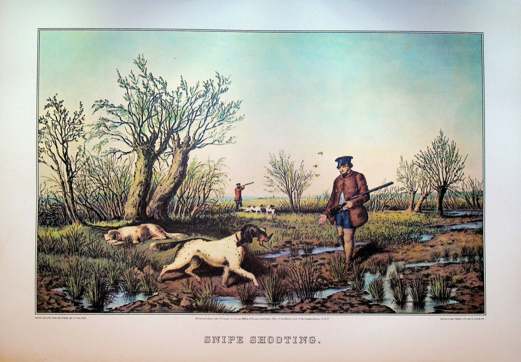 Currier & Ives Calendar Topper 1974 Snipe Shooting Hunting Dogs