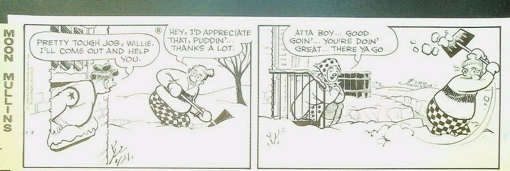 Moon Mullins Ferd Johnson Original Comic Strip Art January 3 1968 Shovel Snow