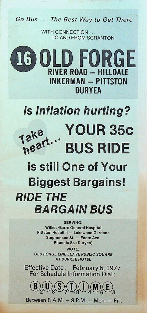 Wilkes Barre Pennsylvania Bus Schedule February 6 1977 Old Forge