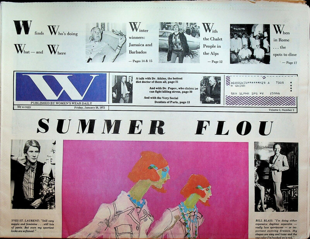 W Magazine January 26 1973 Dr Atkins Yves St Laurent Fashion Bill Blass