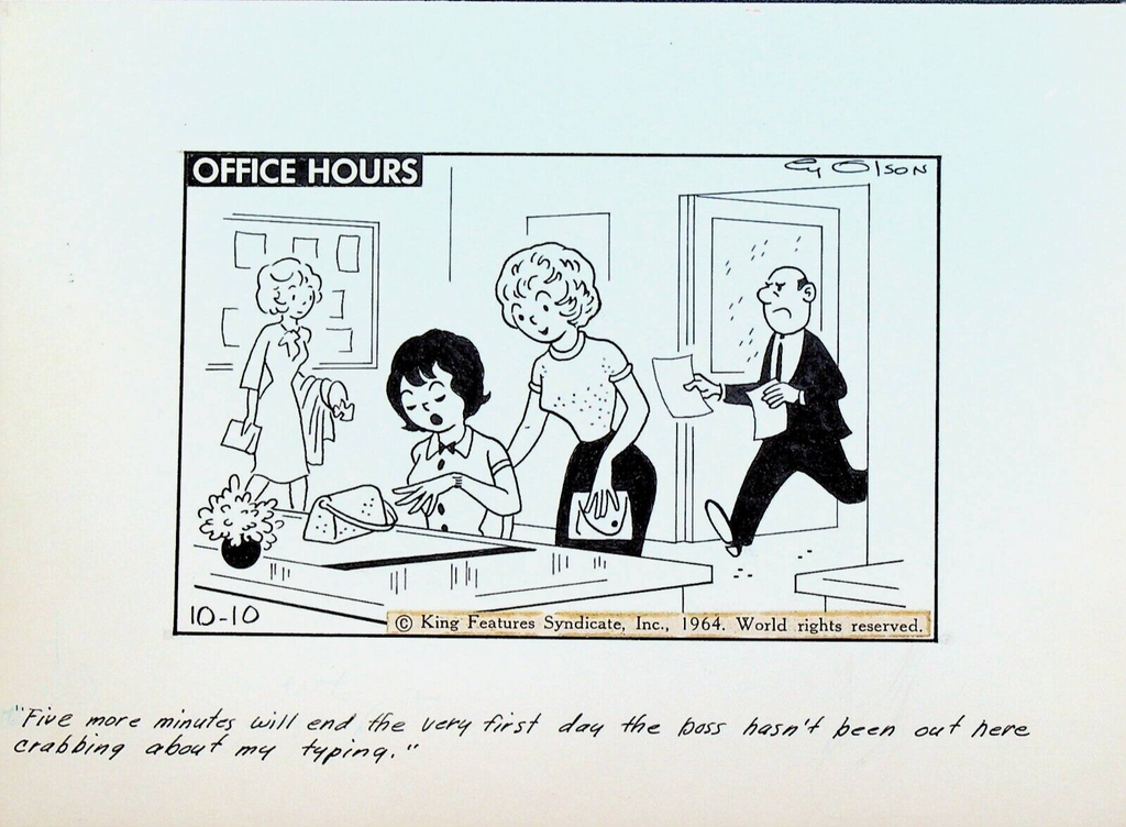 Office Hours by Cy Olson Original Comic Strip Art October 10 1964 Secretary Boss