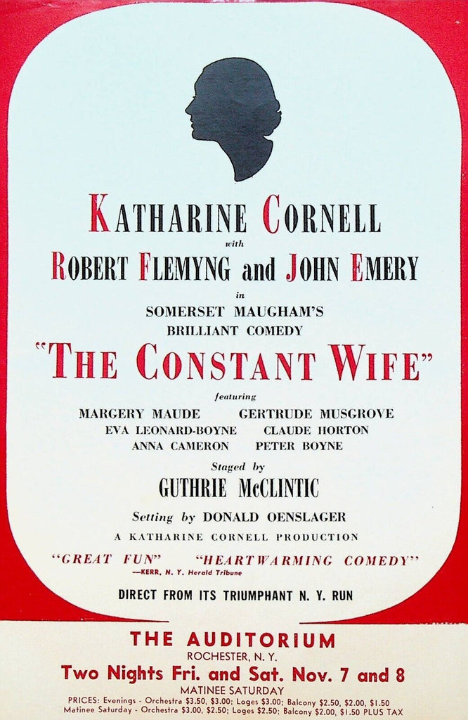 The Constant Wife Katharine Cornell Handbill November 7 1952 Rochester NY