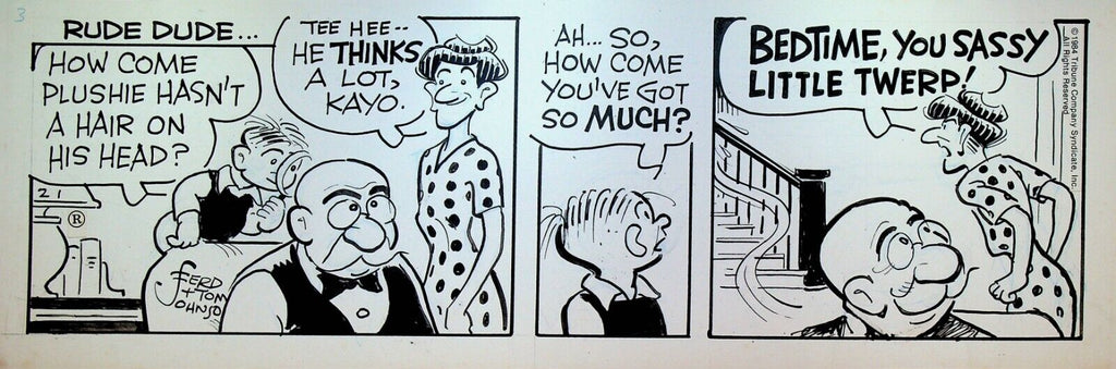 Moon Mullins Original Art Ferd & Tom Johnson February 1 1984 Bald Man Thinking