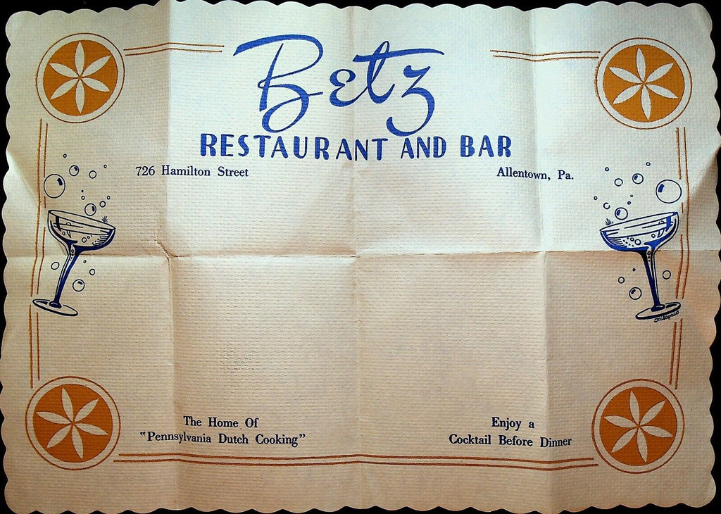 Betz Restaurant & Bar Paper Placemat Allentown 1960s Pennsylvania Dutch Cooking