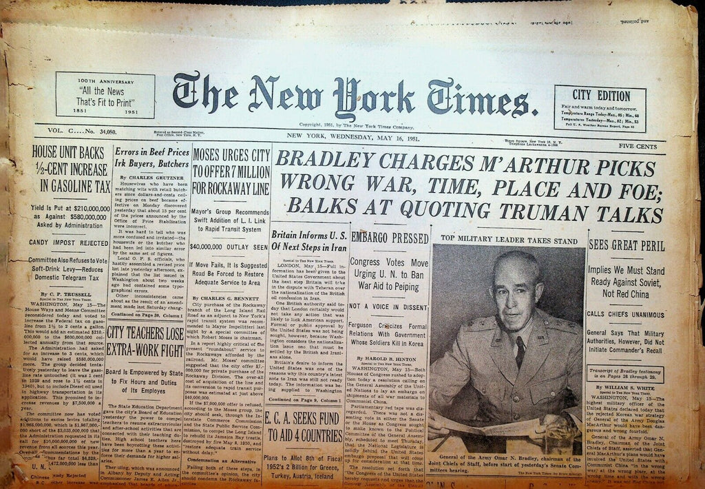 The New York Times May 16 1951 Korean War Robert Moses Omar Bradley