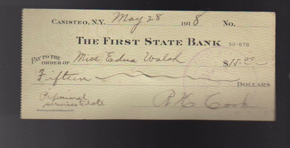 First State Bank Canisteo New York Check 1918 Steuben County Southern Tier
