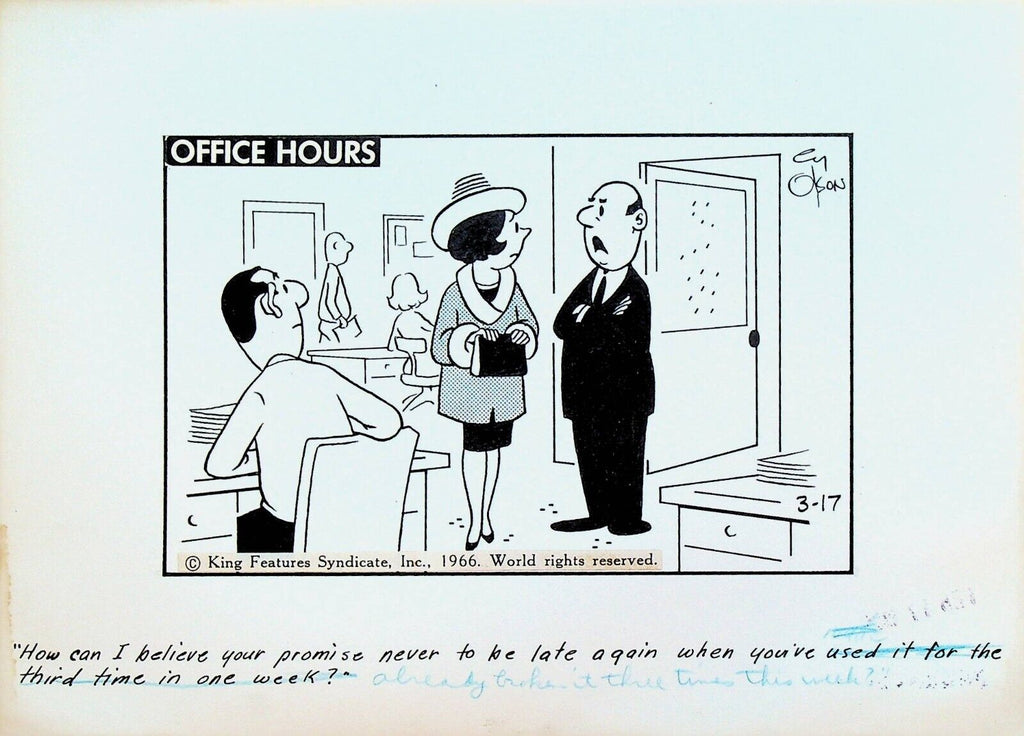 Office Hours by Cy Olson Original Comic Strip Art March 17 1966 Late Secretary