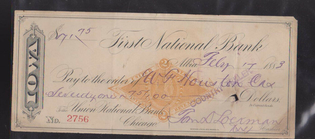 First National Bank Iowa Used Bank Check 1883 WF Houston Co