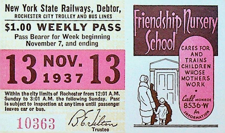 Rochester City Trolley & Bus Lines Pass November 13 1937 Friendship School