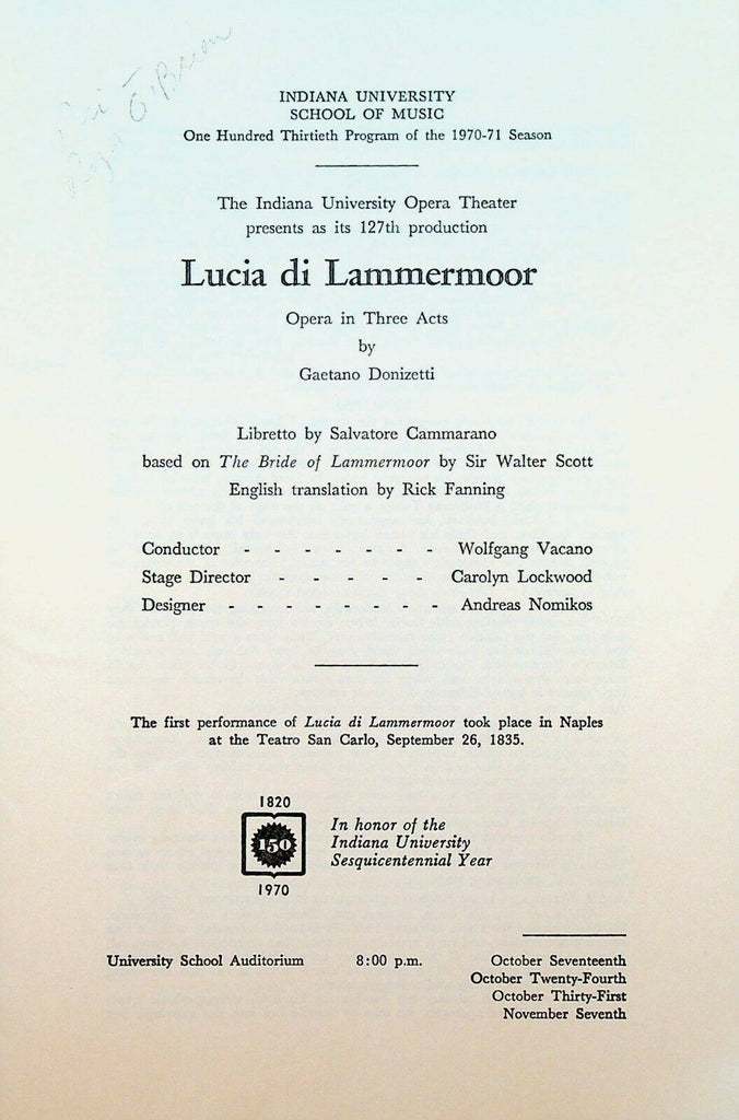 Lucia di Lammermoor 1970 Program Indiana University Opera Theater