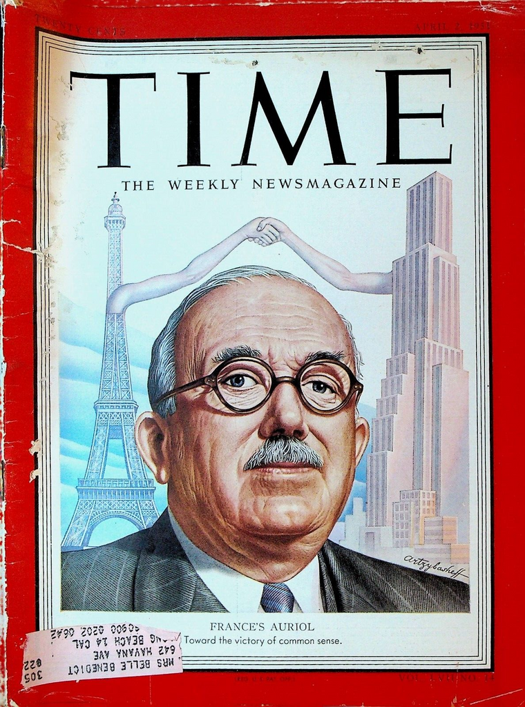 Time Magazine April 2 1951 Vincent Auriol Mickey Mantle Joe Dimaggio Korean War