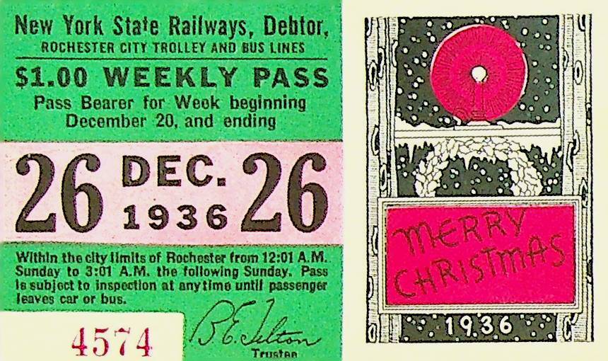 Rochester City Trolley & Bus Lines Pass December 26 1936 Merry Christmas